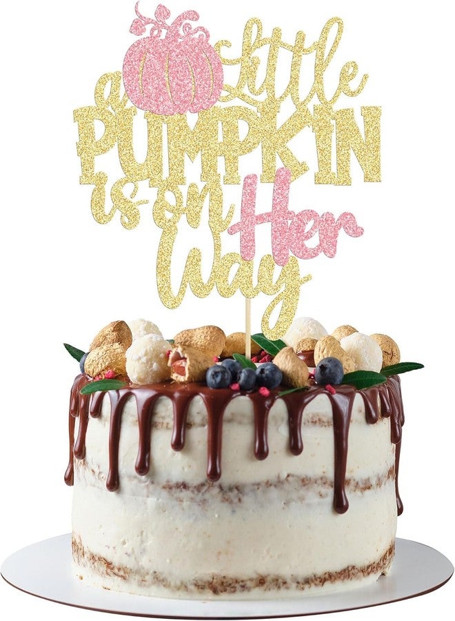 كونفيتي زينة كعكة "اليقطينة الصغيرة في الطريق"، زينة كعكة حفل استقبال المولود الجديد على شكل يقطينة لامعة لحفلات استقبال المولود الجديد ذات الطابع الخريفي/الهالوين، حفلات أعياد ميلاد الأطفال من الأولاد والبنات (اليقطينة الصغيرة في الطريق) - Image 1